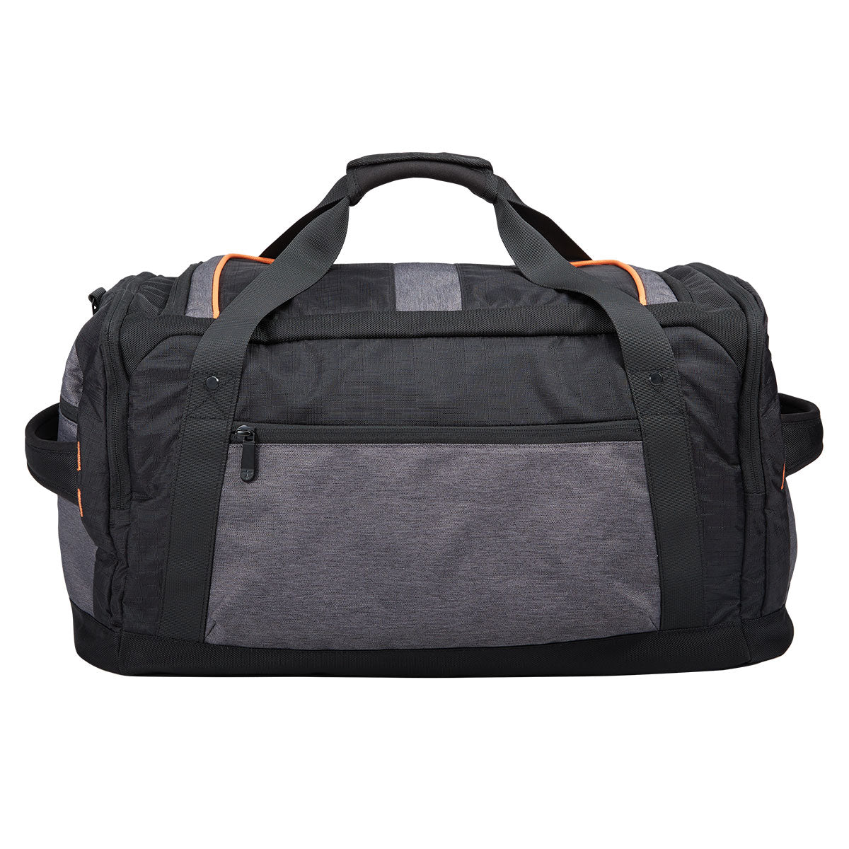 Back view of Flight Outfitters crew duffel bag in grey and black with zip pocket