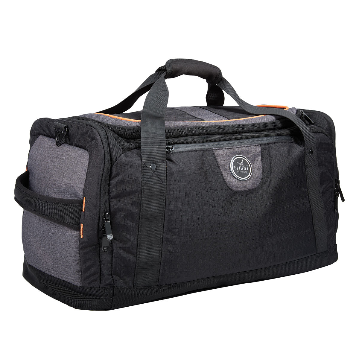Front left angled view of Flight Outfitters crew duffel bag with logo patch