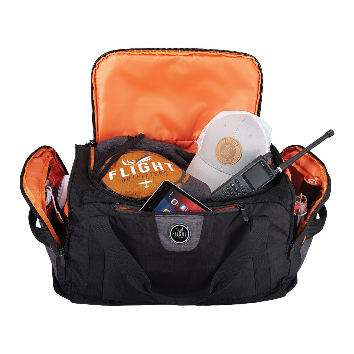 Flight Outfitters duffel bag open and packed with pilot gear and accessories