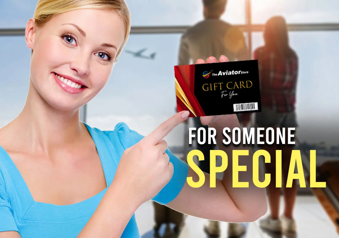 Woman pointing to The Aviator Store gift card Australia.