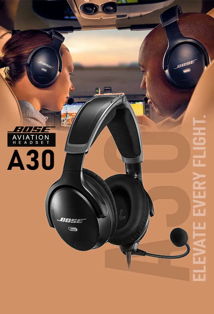 Bose A30 aviation headset featured vertically with pilot crew image