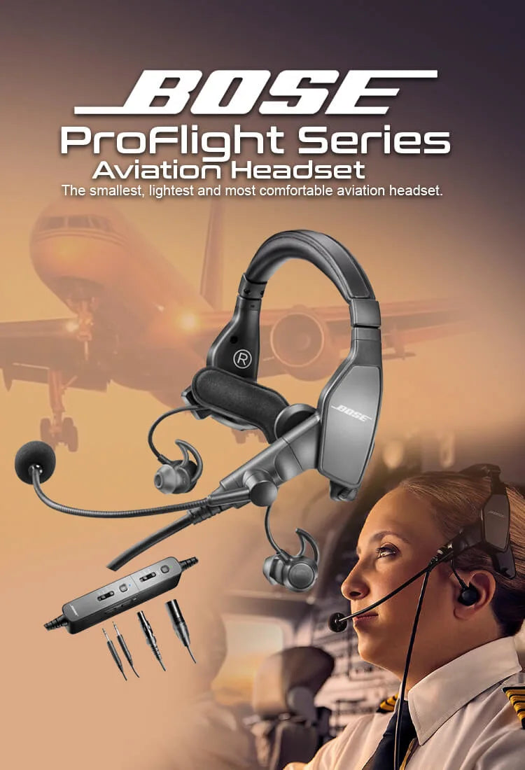 Bose ProFlight Series aviation headset displayed with pilot in cockpit