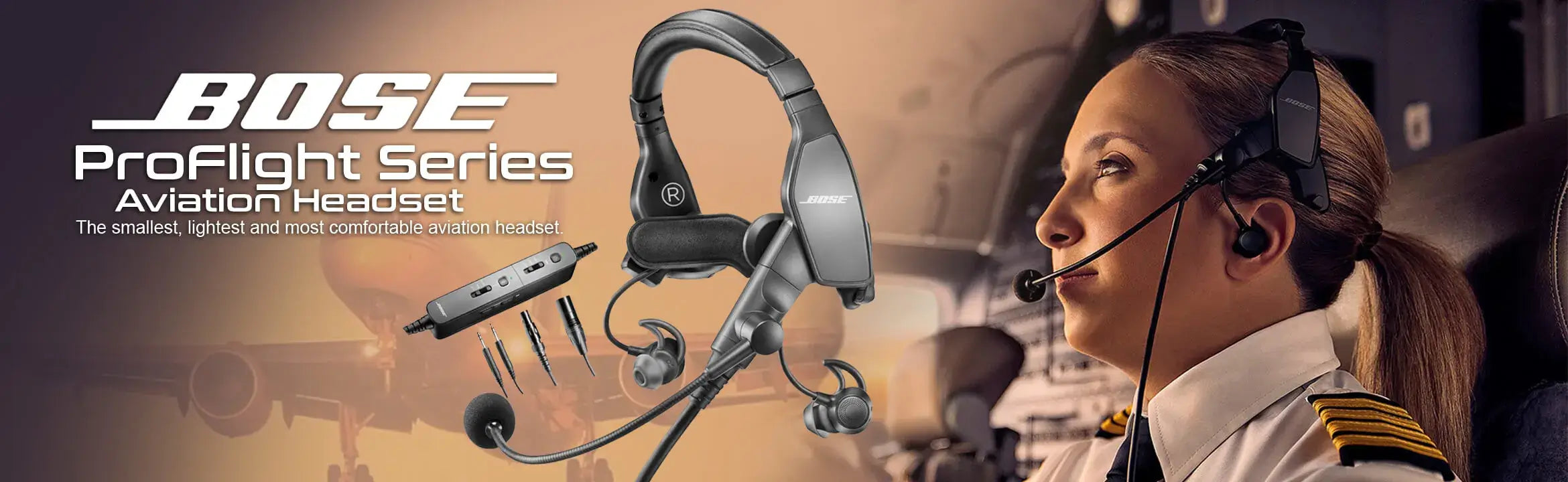 Bose ProFlight Series aviation headset with pilot and flight background