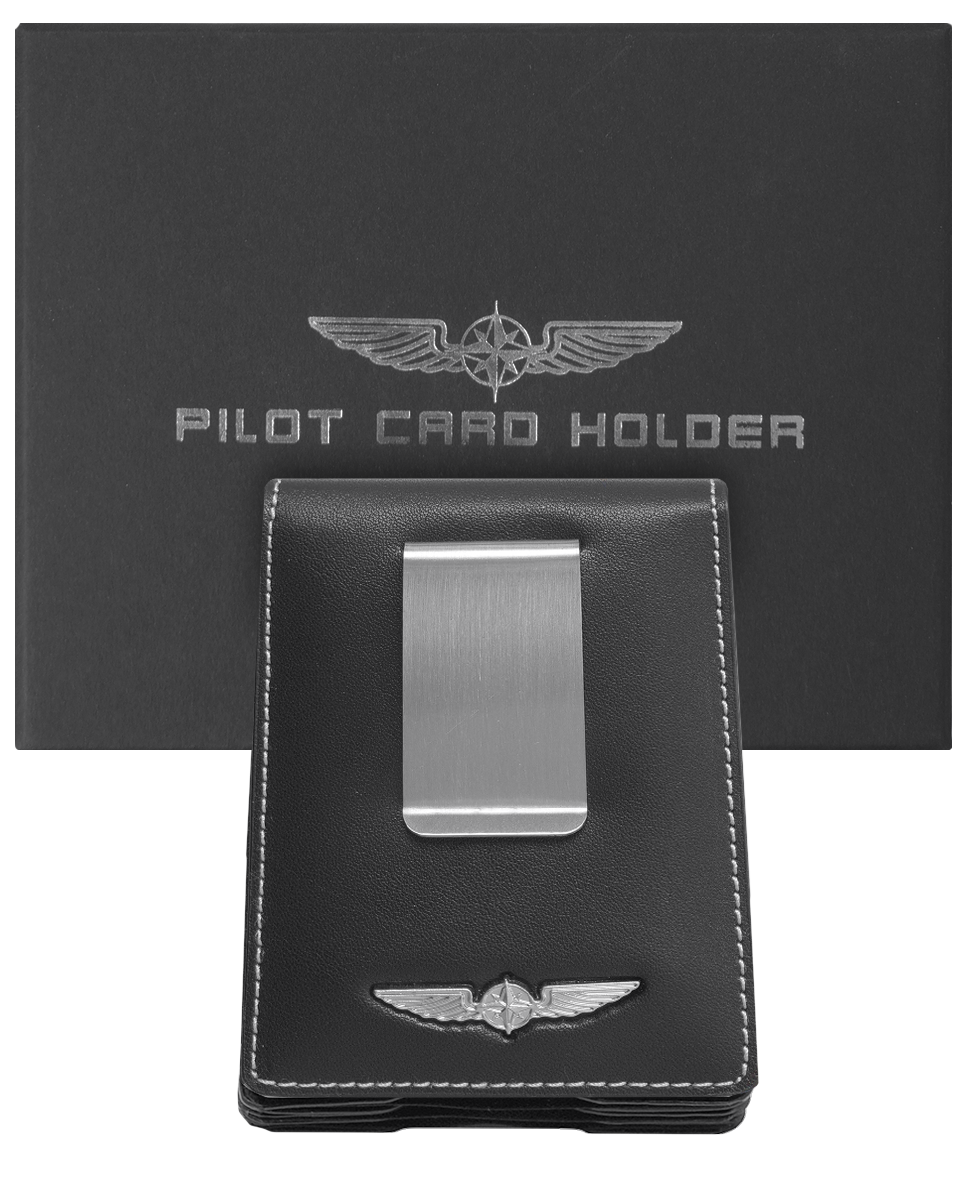Black leather pilot card holder with silver metal clip and aviation emblem
