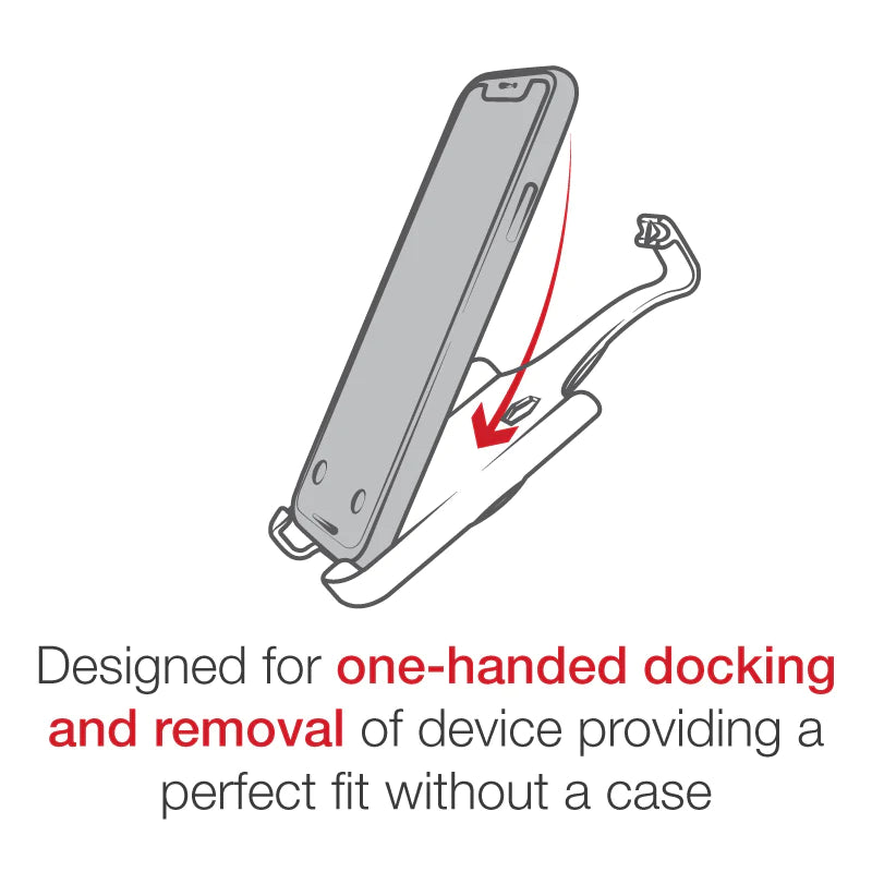 Designed for one-handed docking and removal of device providing a perfect fit without a case