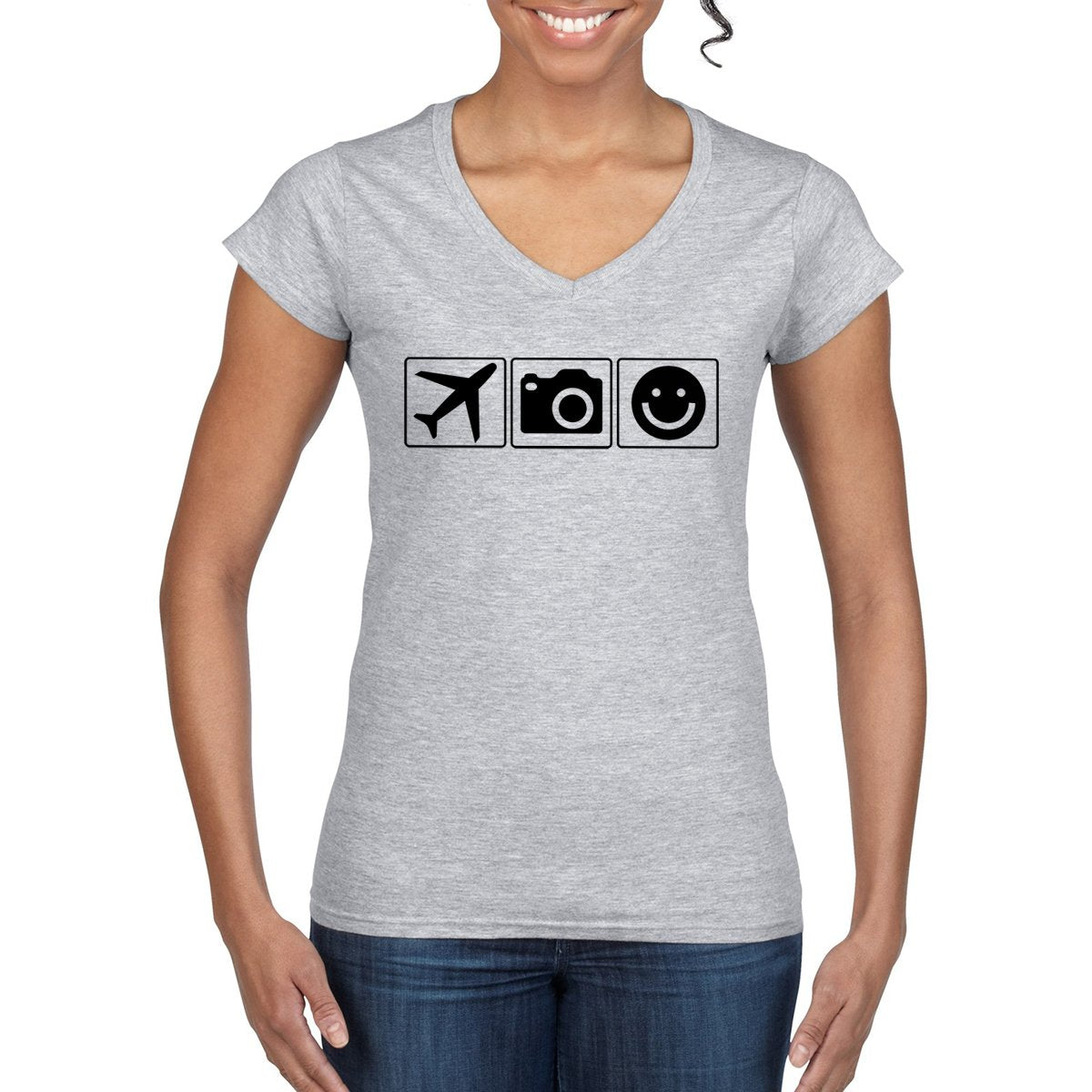 PLANE CAMERA SMILE Women's V-Neck T-Shirt